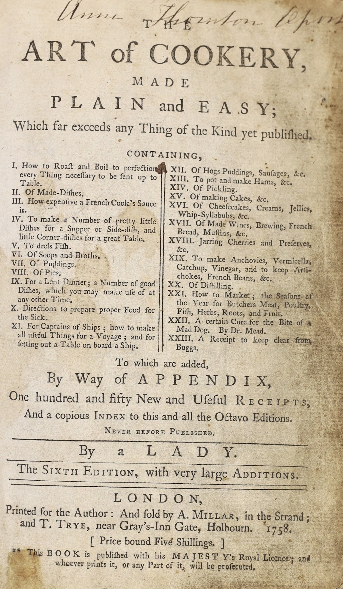 Glasse, Hannah - The Art of Cookery , Made Plain and Easy, 6th edition, 8vo, original calf, London, 1758